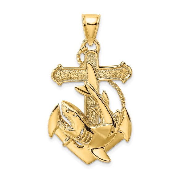 14k Yellow Gold Nautical 2-D Anchor with Shark Necklace Charm Pendant